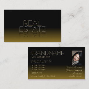 Modern Black and Brown Chic Mirror Font with Photo Business Card