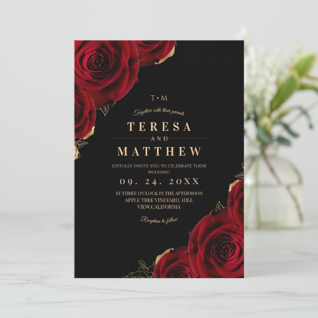 Modern  Black and Burgundy Roses Wedding Invitation (Standing Front)