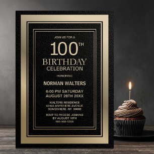 Modern Black and Gold 100th Birthday Party Invitation