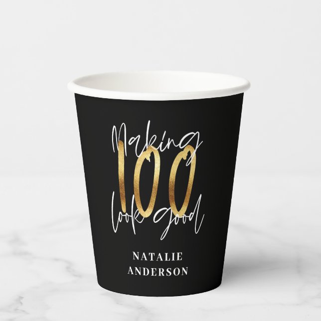 modern black and gold 100th birthday party paper cups (Front)