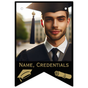 Modern Black and Gold 16-Photo Grad Cap, Diploma Bunting