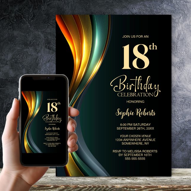 Modern Black and Gold 18th Birthday Party Invitation (Creator Uploaded)
