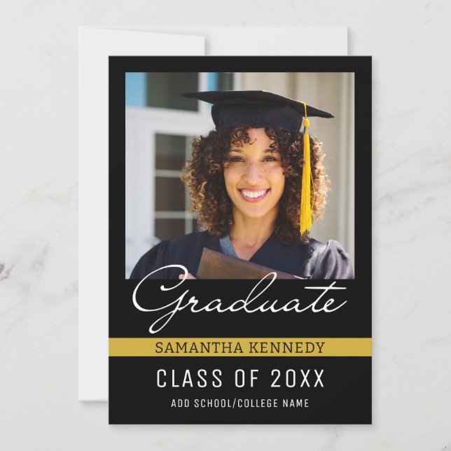 Modern Black and Gold 2025 Graduation Photo  Invitation (Front)