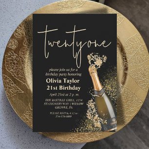 Modern Black and Gold 21st Birthday Champagne Invitation
