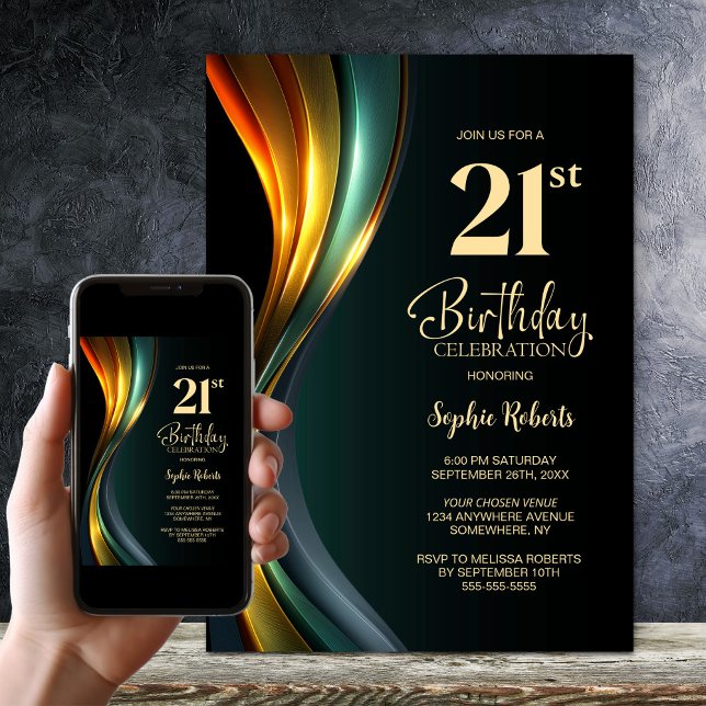 Modern Black and Gold 21st Birthday Party Invitation (Creator Uploaded)