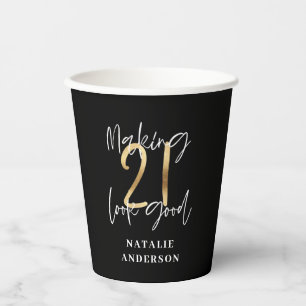 modern black and gold 21st birthday party paper cups