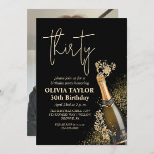Modern Black and Gold 30th Birthday Champagne Invitation