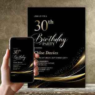 Modern Black and Gold 30th Birthday Party Invitation