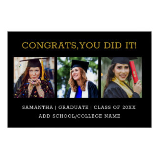 Modern Black And Gold  3 Photo Collage Graduation Poster