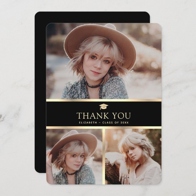Modern Black and Gold 3 Photo Graduation Thank You Card (Front/Back)