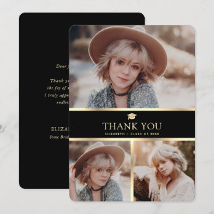 Modern Black and Gold 3 Photo Graduation Thank You Card