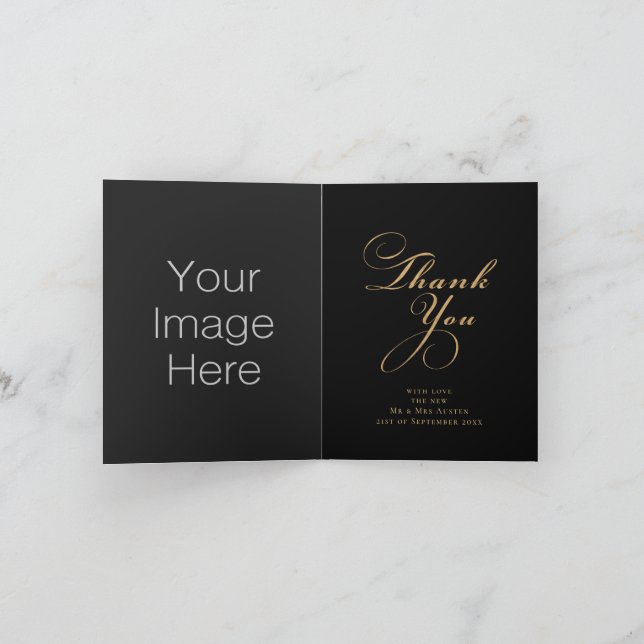 Modern Black and Gold 3 Photo Wedding Thank You Card (Inside)