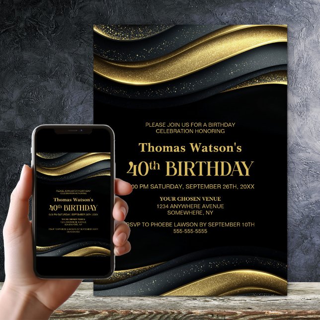 Modern Black and Gold 40th Birthday Party Invitation (Creator Uploaded)