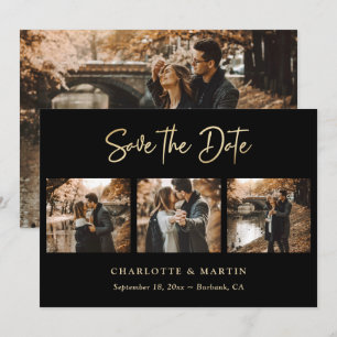 Modern Black and Gold 4 Photo Wedding Save The Date