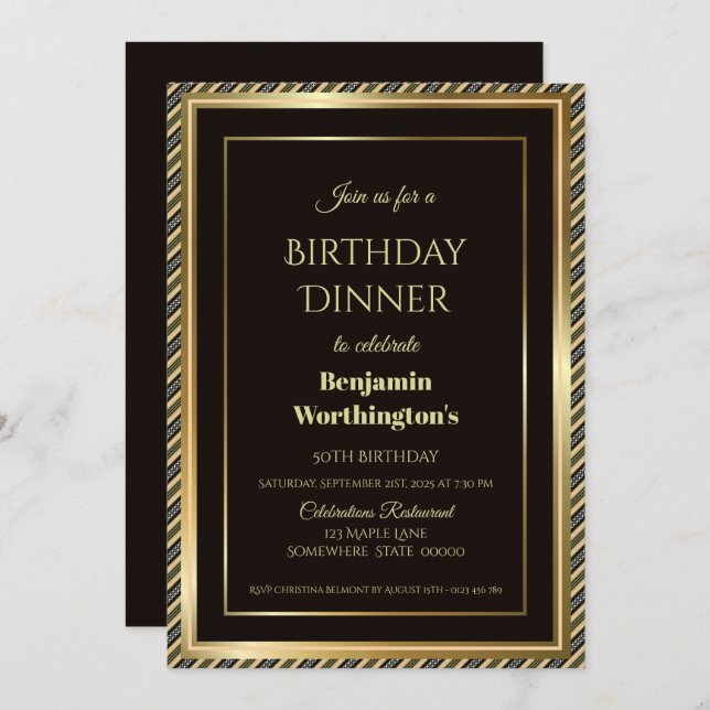Modern Black and Gold 50th Birthday Dinner Invitation (Front/Back)