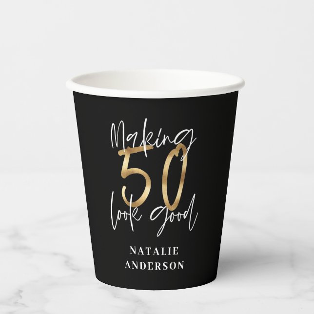 modern black and gold 50th birthday party paper cups (Front)