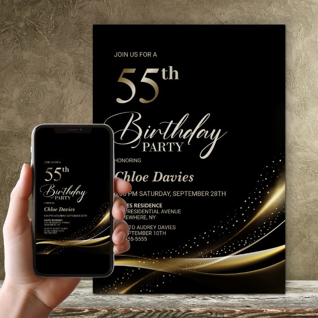 Modern Black and Gold 55th Birthday Party Invitation (Creator Uploaded)