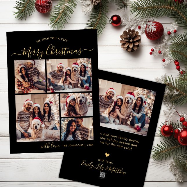 Modern Black and Gold 5 Photo Collage Christmas  Holiday Card (Creator Uploaded)