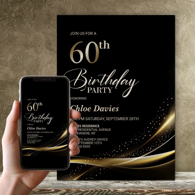 Modern Black and Gold 60th Birthday Party Invitation (Creator Uploaded)