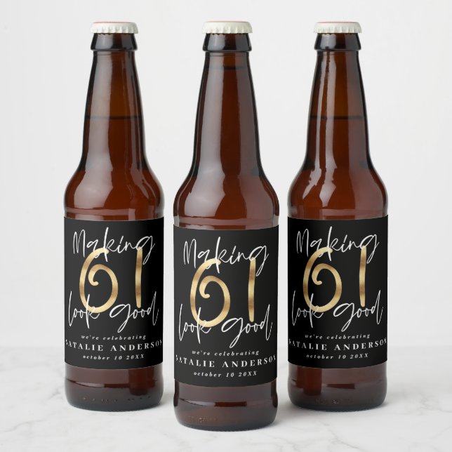 Modern black and gold 61st birthday celebration beer bottle label (Bottles)