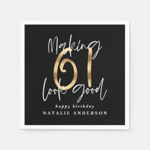 Modern black and gold 61st birthday celebration napkin