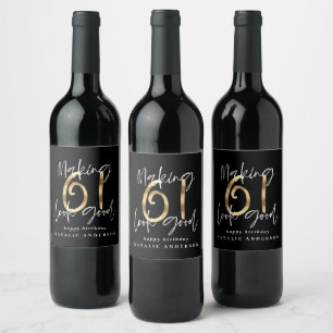 Modern black and gold 61st birthday celebration wine label