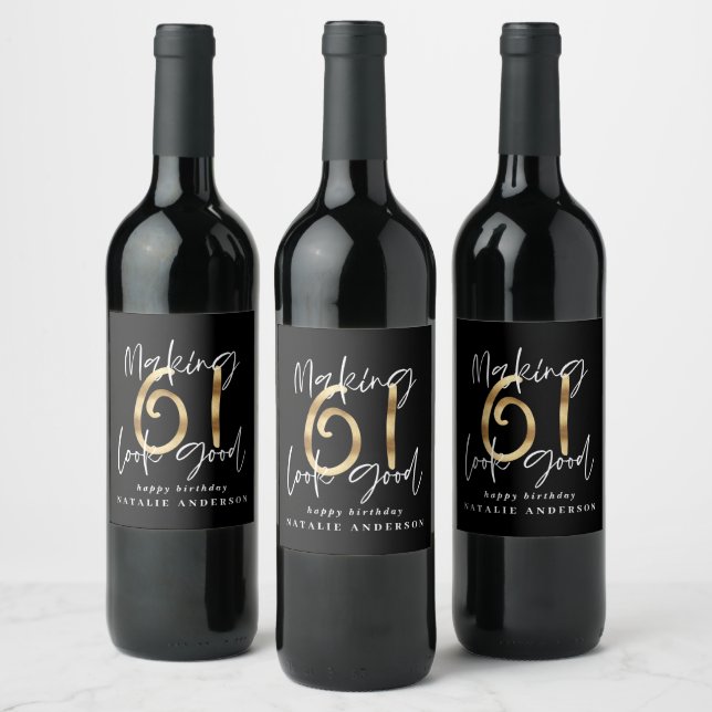 Modern black and gold 61st birthday celebration wine label (Bottles)