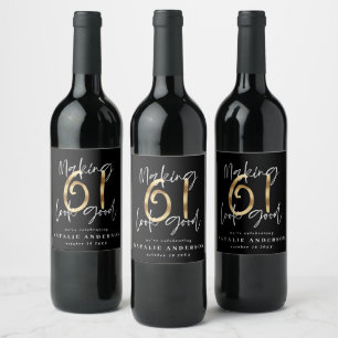 Modern black and gold 61st birthday celebration wine label