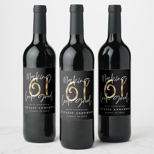 Modern black and gold 61st birthday celebration wine label (Bottles)