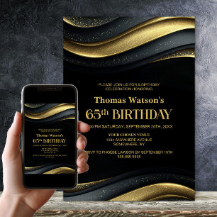 Modern Black and Gold 65th Birthday Party Invitation