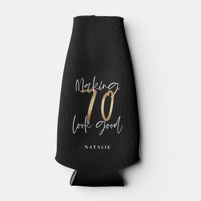 Modern black and gold 70th birthday stylish bottle cooler (Front)