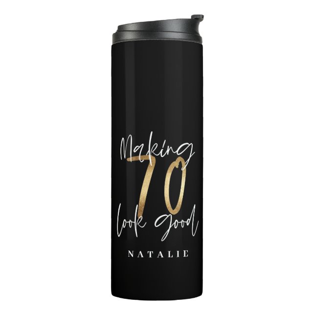 Modern black and gold 70th birthday stylish thermal tumbler (Rotated Left)