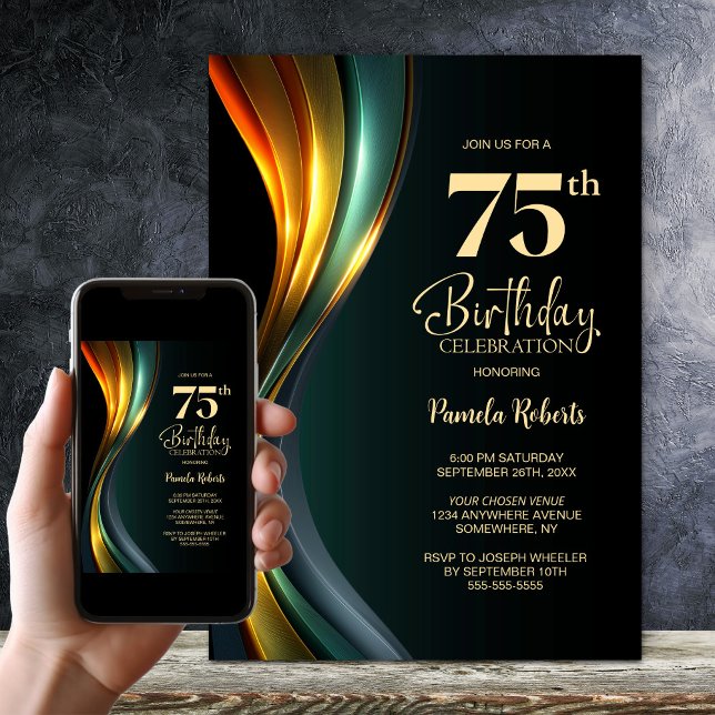 Modern Black and Gold 75th Birthday Party Invitation (Creator Uploaded)