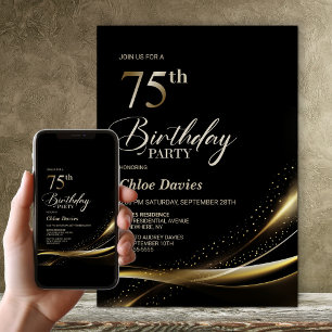 Modern Black and Gold 75th Birthday Party Invitation