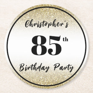 Modern Black and Gold 85th Birthday Party Custom Round Paper Coaster