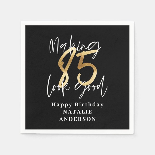 modern black and gold 85th birthday party  napkin (Front)