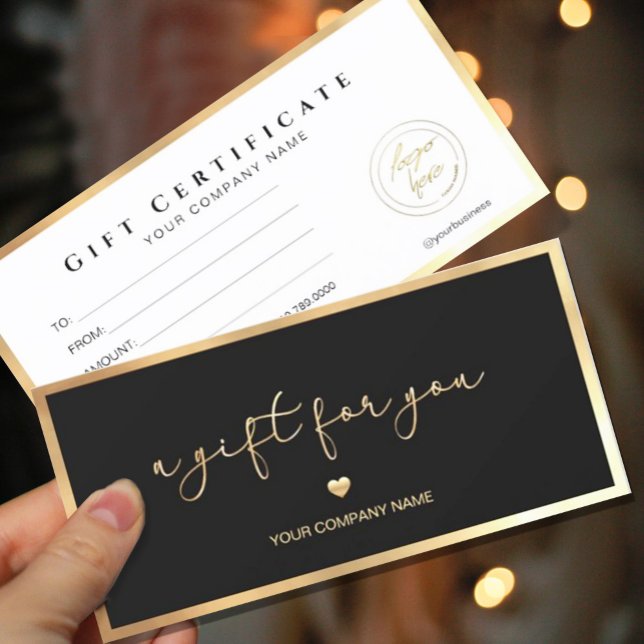Modern Black And Gold Add Logo Gift Certificate (#giftcertificate #goldframegiftcard #giftcard #Christmas #holiday #newyear #caligraphic #goldfoil )