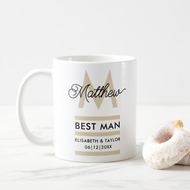 Modern Black and Gold Add Name & Monogram Best Man Coffee Mug (With Donut)