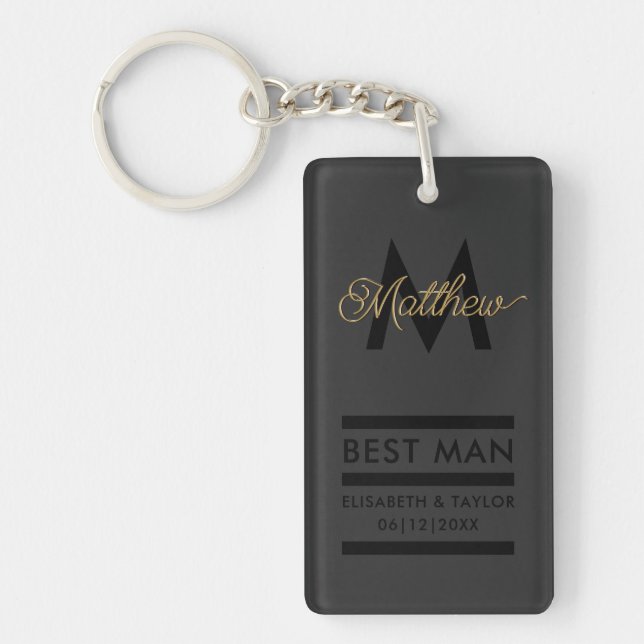Modern Black and Gold Add Name & Monogram Best Man Key Ring (Front)