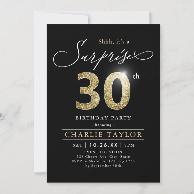 Modern black and gold adult surprise 30th birthday invitation (Front)