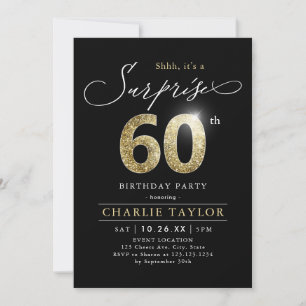 Modern black and gold adult surprise 60th birthday invitation
