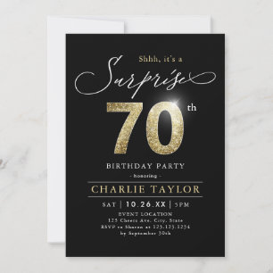 Modern black and gold adult surprise 70th birthday invitation