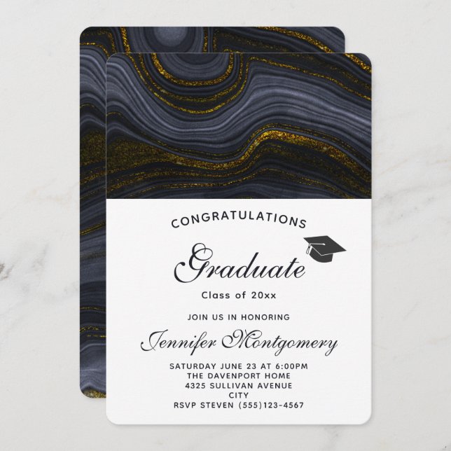 Modern Black and Gold Agate & Graduation Cap Invitation (Front/Back)