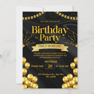 Modern Black and Gold balloon invitation birthday 