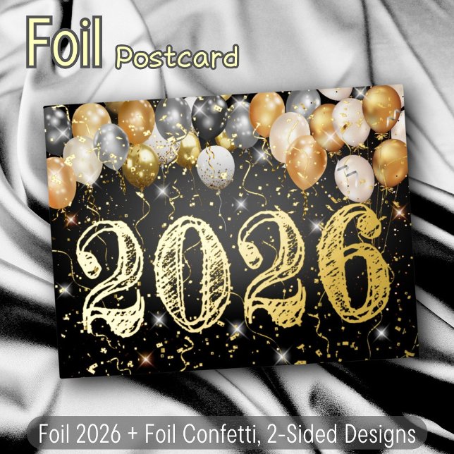 Modern Black and Gold Balloons & Confetti New Year Foil Holiday Postcard (Creator Uploaded)