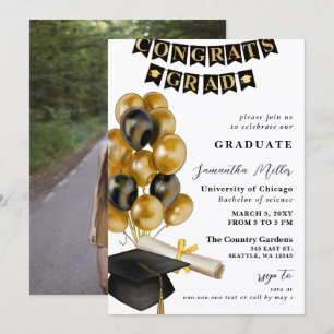 Modern Black and Gold Balloons Photo Graduation Invitation