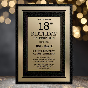 Modern Black and Gold Border 18th Birthday Party Invitation