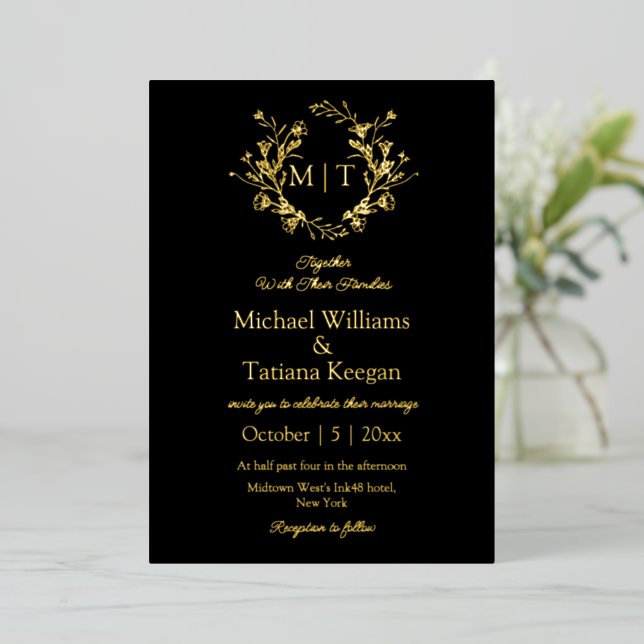 modern black and gold botanical monogram wedding (Standing Front)