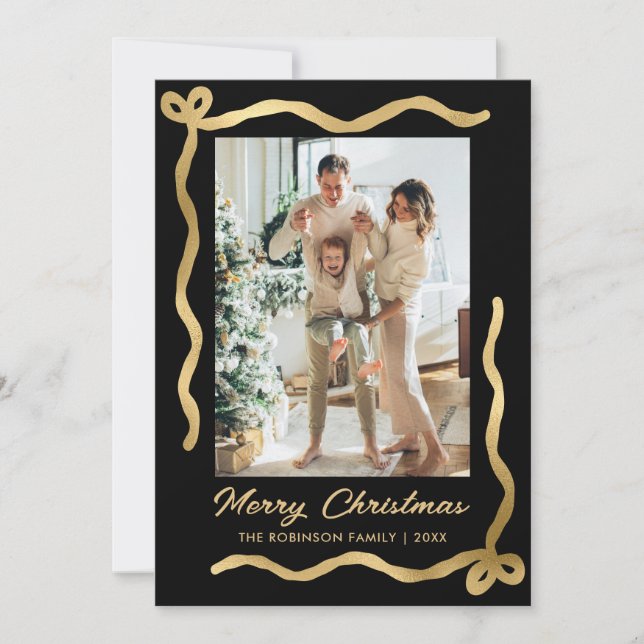 Modern Black and Gold Bow 2 Photo Merry Christmas Holiday Card (Front)