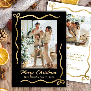 Modern Black and Gold Bow 2 Photo Merry Christmas Holiday Card